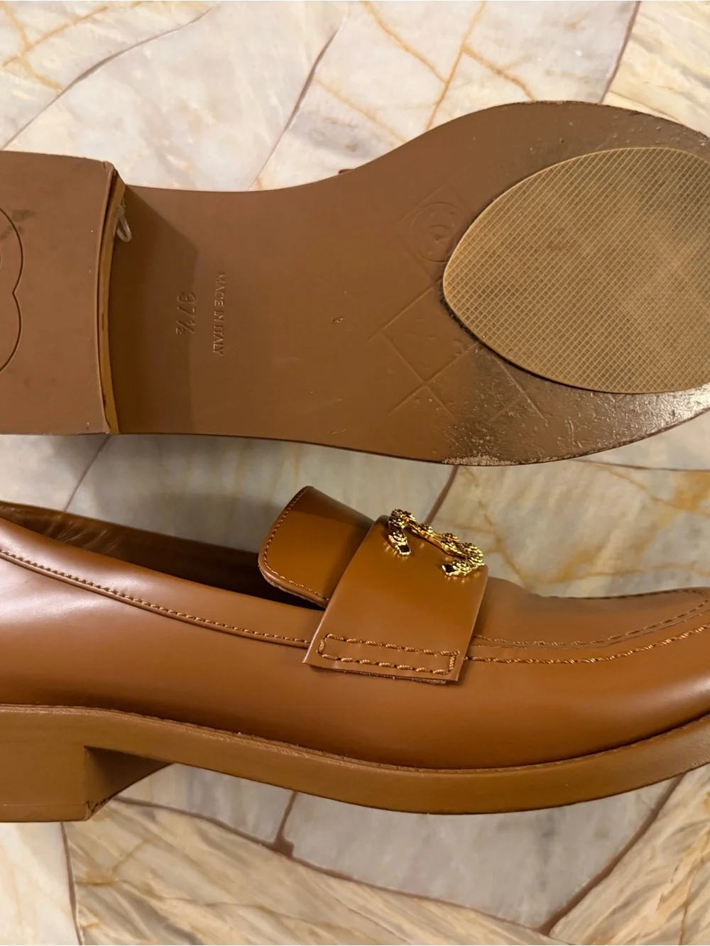 CHANEL Tan Leather Men's Loafers with Gold CC Motif